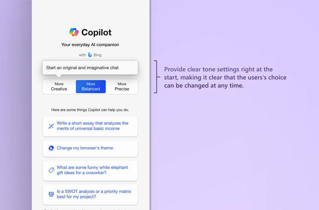 Screenshot che mostra le opzioni di impostazione del tono e le richieste di azioni che il copilot può eseguire.