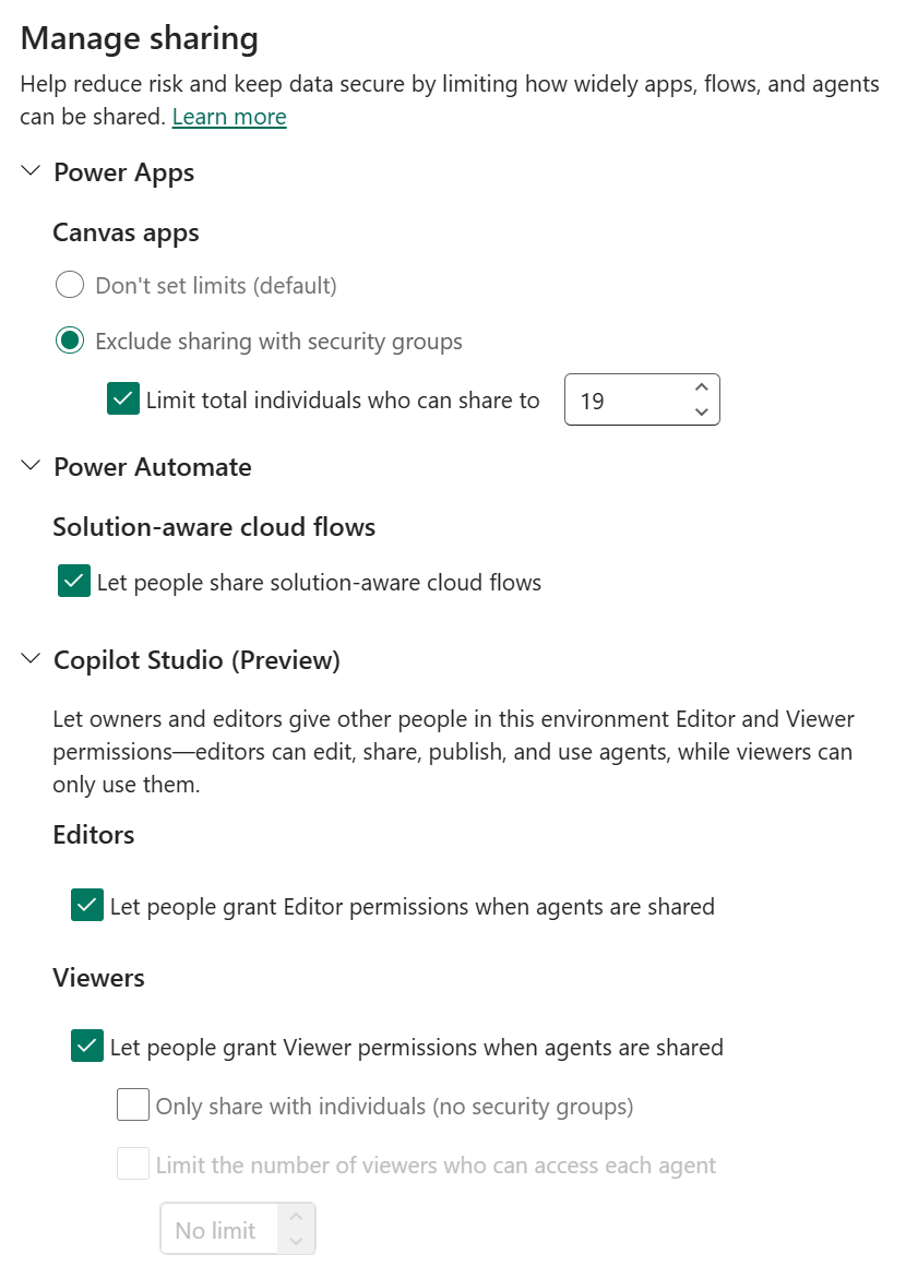 I limiti di condivisione per Copilot Studio sono disponibili nel pannello di controllo di un ambiente gestito.