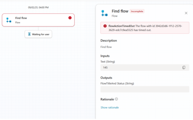 Screenshot dell'avviso di timeout del flusso dell'agente