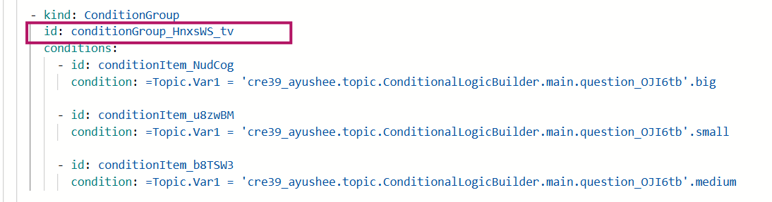Screenshot dell'editor di codice YAML con ID gruppo di condizioni 'conditionGroup_HnxsWS_tv' evidenziato in una casella rosa.