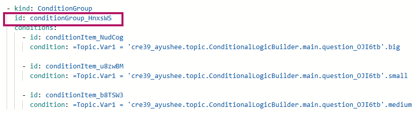 Schermata dell'editor di codice che mostra un ConditionGroup con l'`id` conditionGroup_HnxsWS evidenziato.