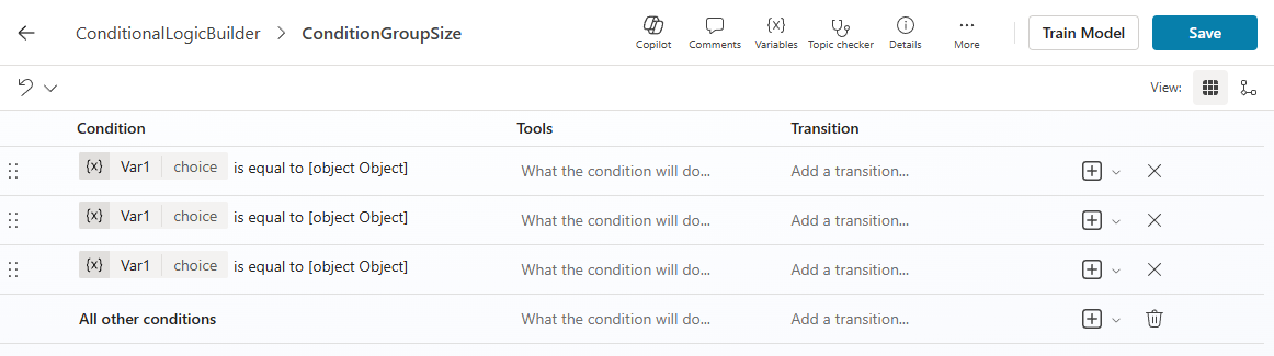 Screenshot dell'editor ConditionGroupSize che mostra il nodo del gruppo di condizioni nella visualizzazione tabella con tre condizioni di scelta Var1.