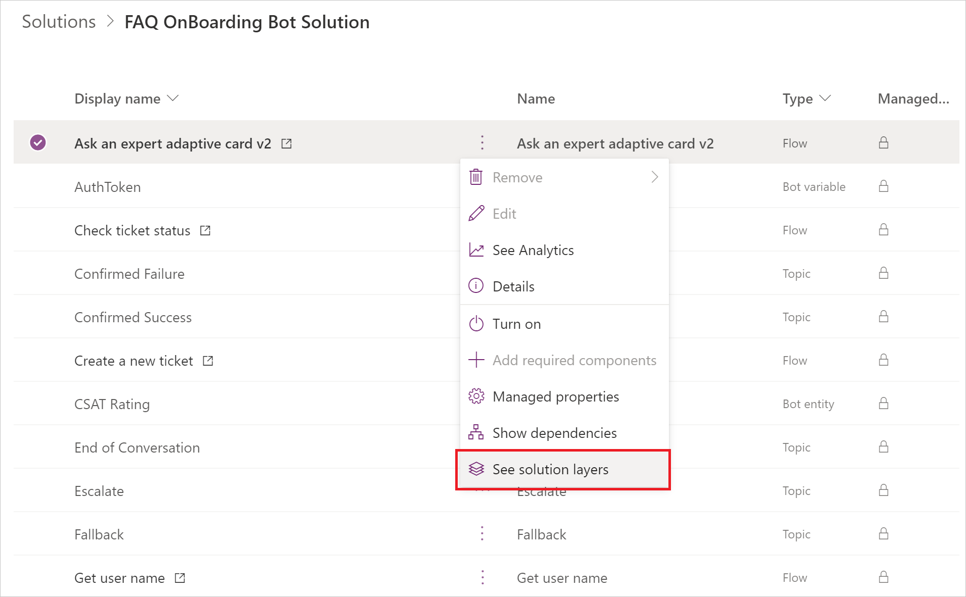 Screenshot dell'opzione Visualizza livelli della soluzione nel menu Comandi in Power Apps.