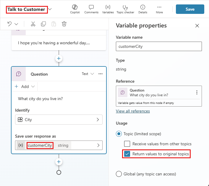 Schermata dell'argomento Parla con il cliente con la variabile customerCity e le relative proprietà evidenziate.