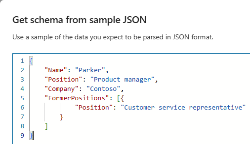 Screenshot che mostra l'editor in cui si immettono dati JSON di esempio.