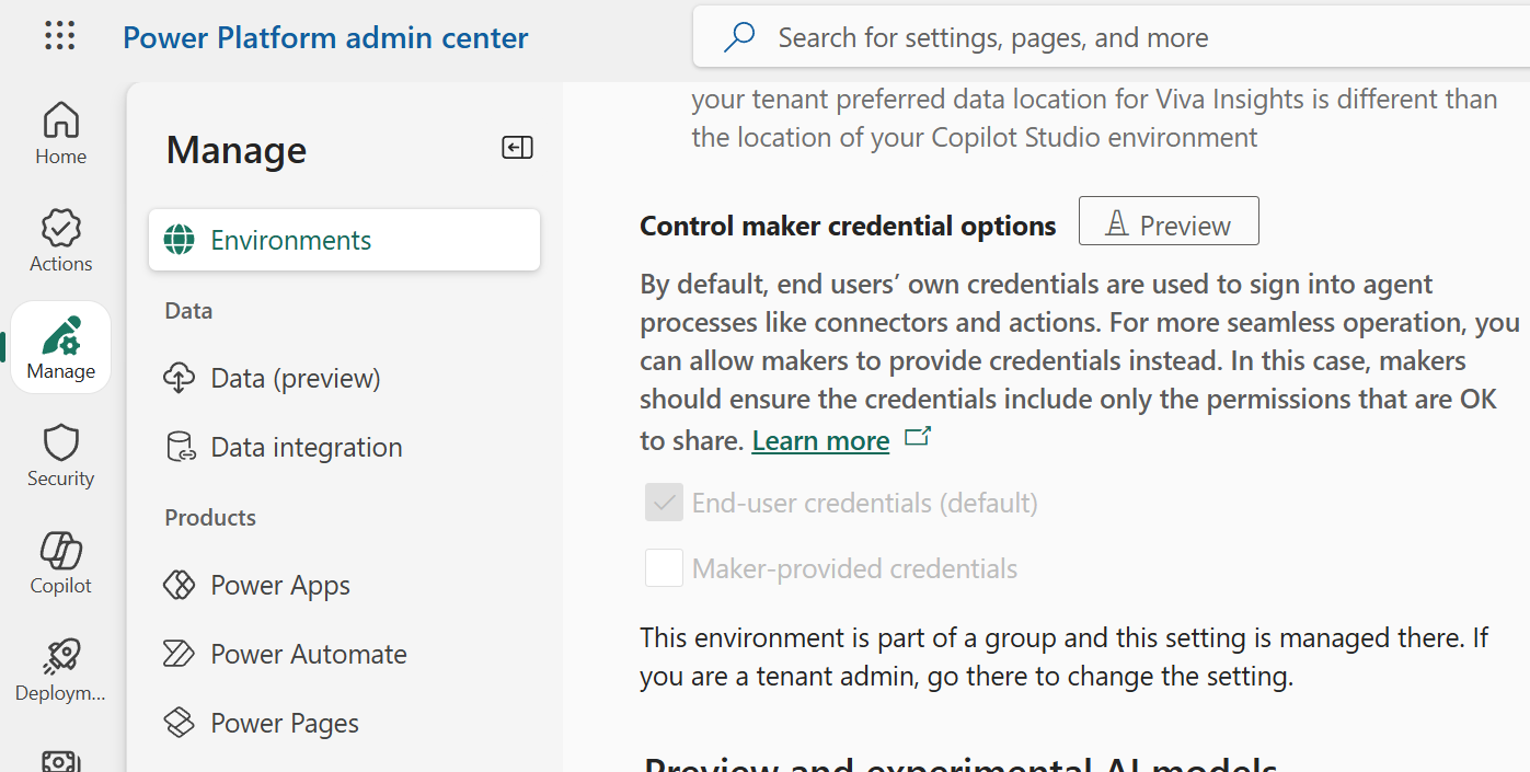 Screenshot della pagina delle impostazioni dell'ambiente dell'interfaccia di amministrazione di Power Platform per un ambiente che mostra l'opzione controlla le credenziali dell'autore.