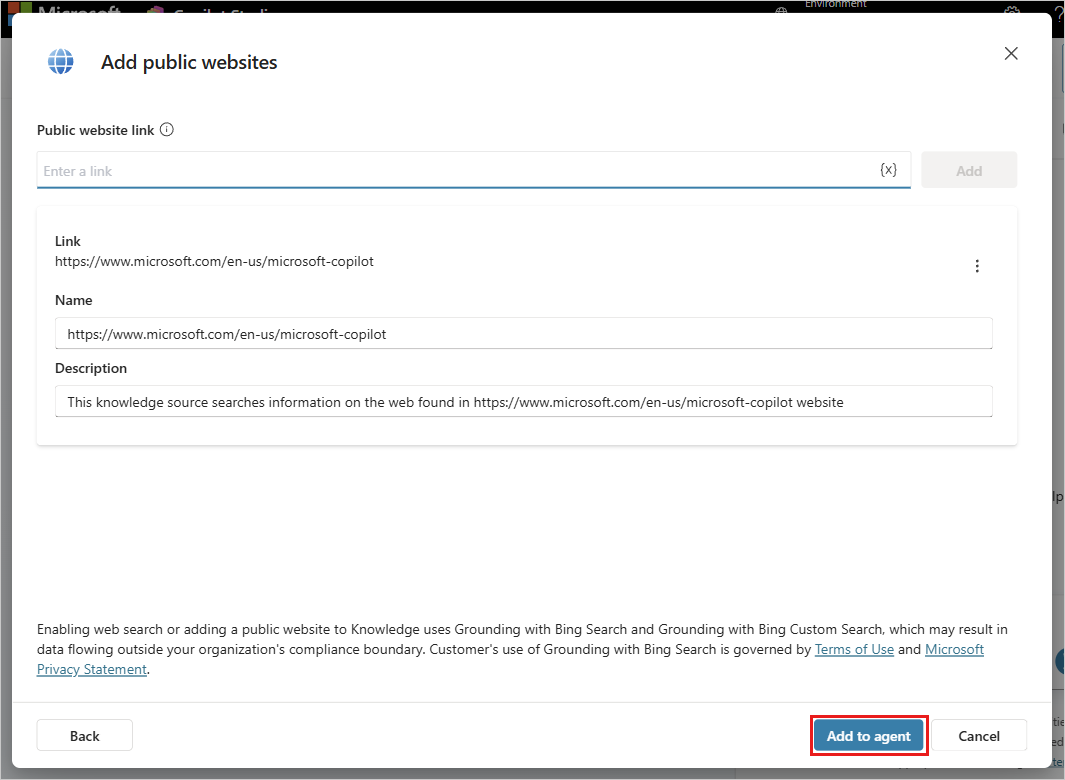 Screenshot del modulo Aggiungi siti web pubblici che mostra il link URL aggiunto con campi Nome e Descrizione popolati automaticamente e il pulsante Aggiungi all'agente.