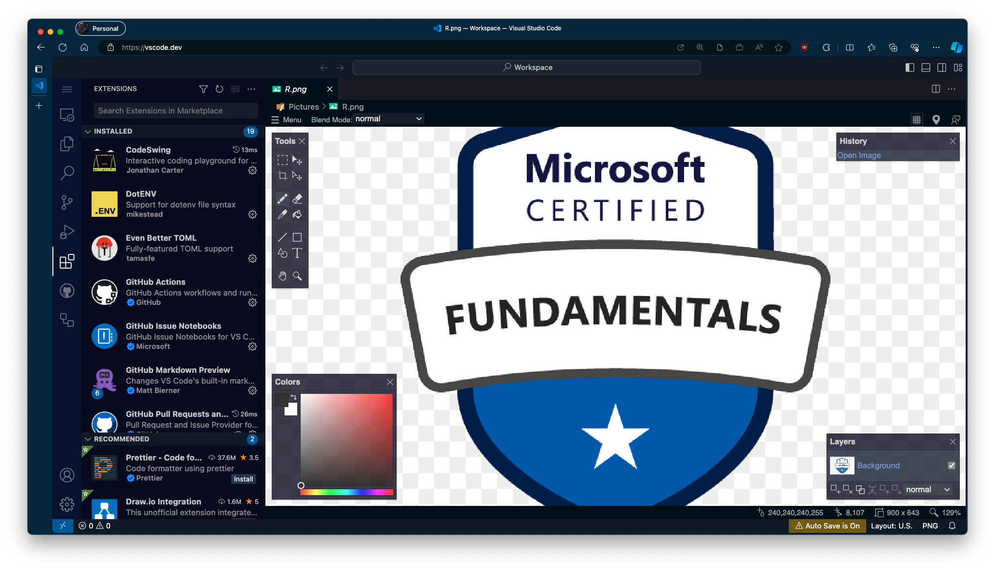 Screenshot di VS Code con un'estensione che usa un WebView per l'esperienza utente personalizzata.