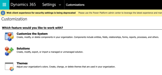 Screenshot of the Settings and Customizations menu used to open Customize the system.
