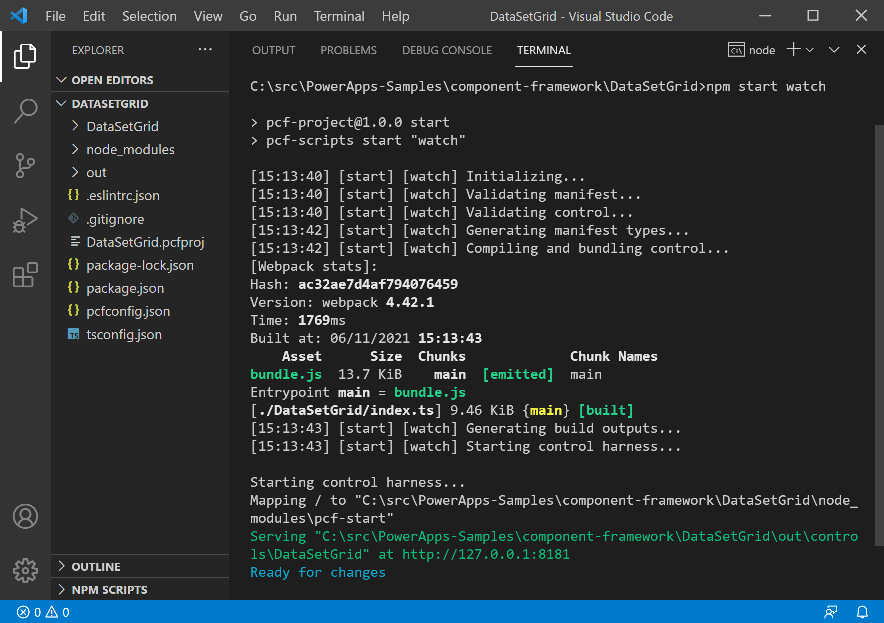 Screenshot of Visual Studio Code running the DataSetGrid component in watch mode.