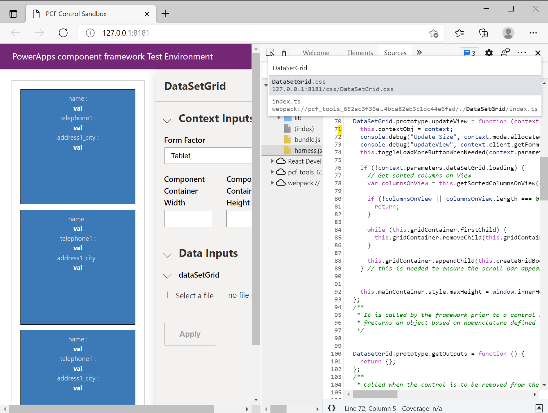 Screenshot of Microsoft Edge DevTools showing a code component TypeScript source file.