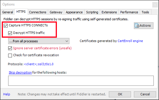 Screenshot of Fiddler HTTPS options for capturing and decrypting HTTPS traffic.