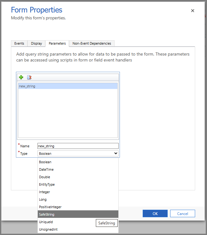 Screenshot of the Parameters tab in the Form Properties dialog box.