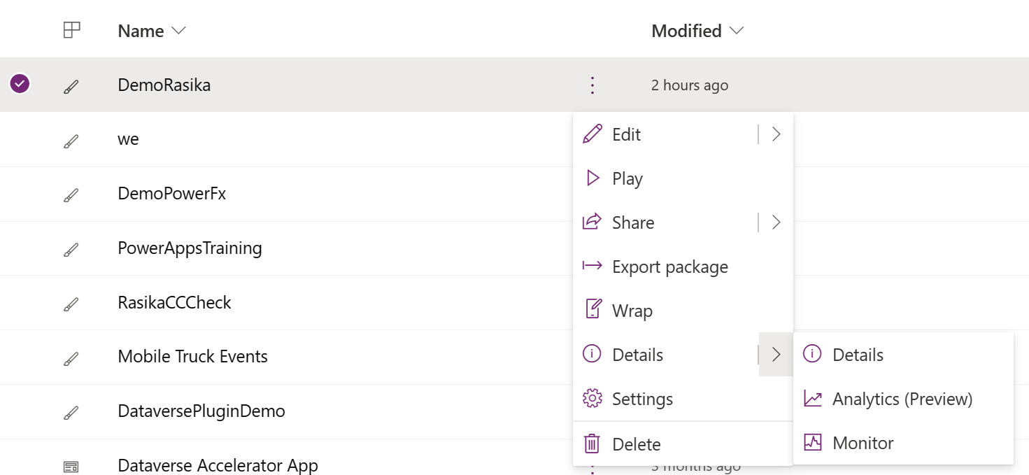 Screenshot di Power Apps con il menu di scelta rapida aperto, che mostra Monitoraggio nel menu.