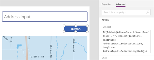 Screenshot del pulsante in fase di creazione in Power Apps Studio, con la relativa proprietà OnSelect.