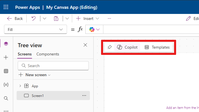 Screenshot che mostra le azioni in linea visualizzate su un canvas vuoto, quando ci passi sopra con il mouse.