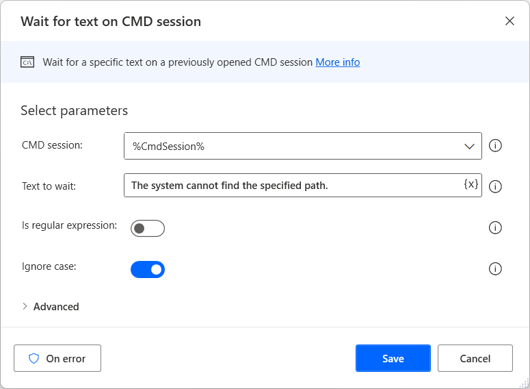 Screenshot dell'azione Attendi testo su sessione CMD.