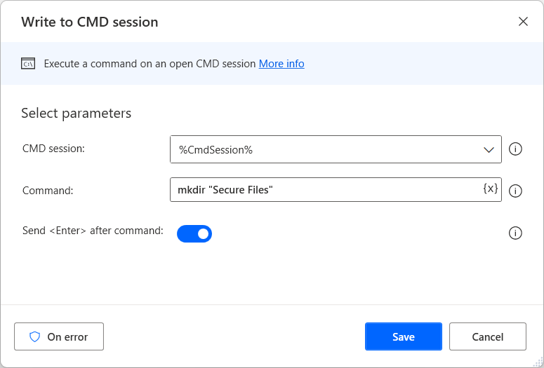 Screenshot dell'azione Scrivi su sessione CMD.