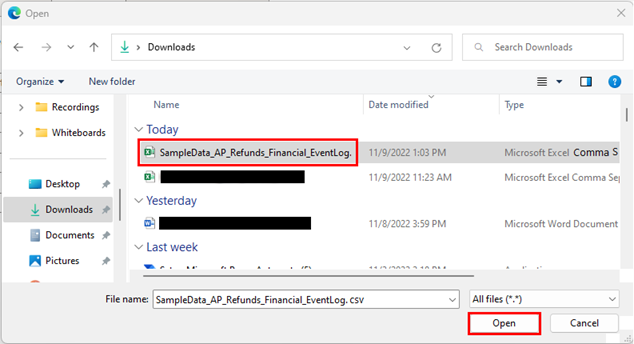Screenshot del file di dati di esempio scaricati.