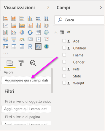 Schermata che mostra Trascinare qui per aggiungere campi dati.