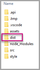 Screenshot di Esplora file, che mostra la gerarchia di cartelle del progetto di visualizzazione di Power BI. La cartella dist è evidenziata.