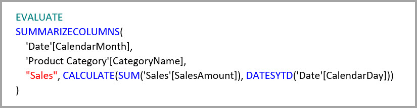 La schermata mostra il testo di una query che include la funzione DATESYTD.