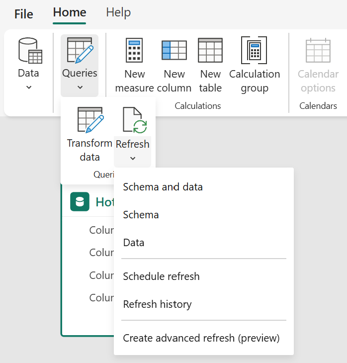 Screenshot che mostra il menu di aggiornamento per un modello semantico.