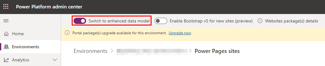 Uno screenshot dell'interfaccia di amministrazione di Power Platform con il toggle Passa al modello dati avanzato evidenziato.