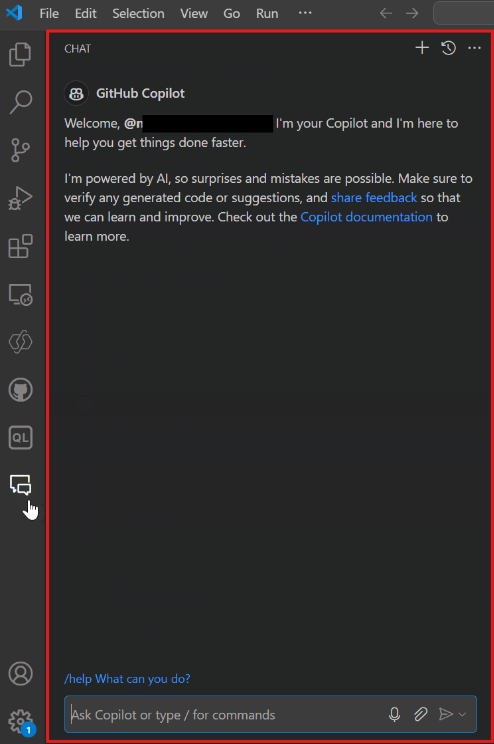 Screenshot dell'esperienza di chat di GitHub Copilot in Visual Studio Code.