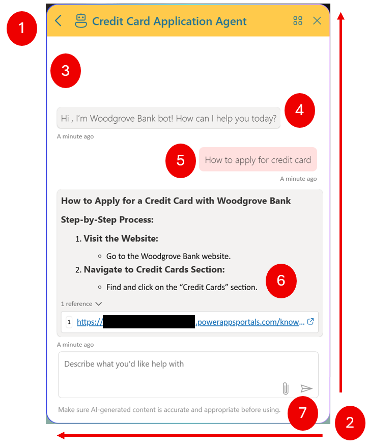 Screenshot di un chatbot con singoli elementi richiamati e numerati.