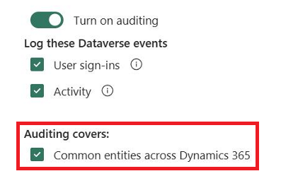 Selezionare le entità comuni per abilitare il controllo per queste tabelle.