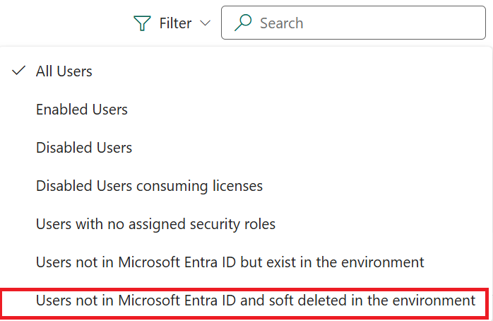 Per gli utenti non iscritti a Entra, selezionare Filtra dal menu in alto.