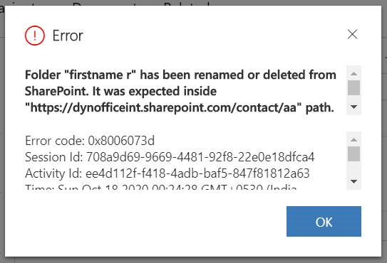 Messaggio di errore dovuto a un file OneNote rinominato nella griglia di documenti.