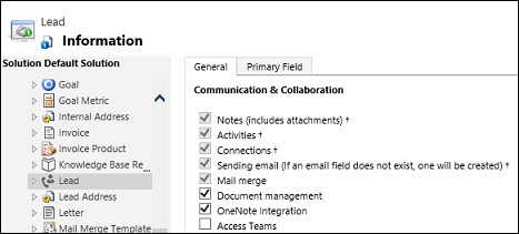 Selezionare Integrazione di OneNote per un'entità.