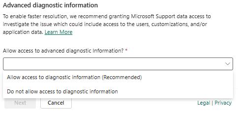 Screenshot di una richiesta di supporto con evidenziato Consentire l'accesso per l'analisi avanzata e la creazione dell'ambiente di supporto.