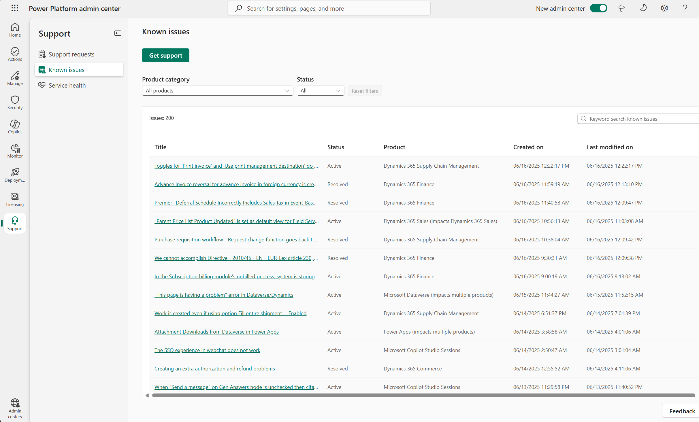 Screenshot che mostra la scheda Problemi noti nell'interfaccia di amministrazione di Power Platform.