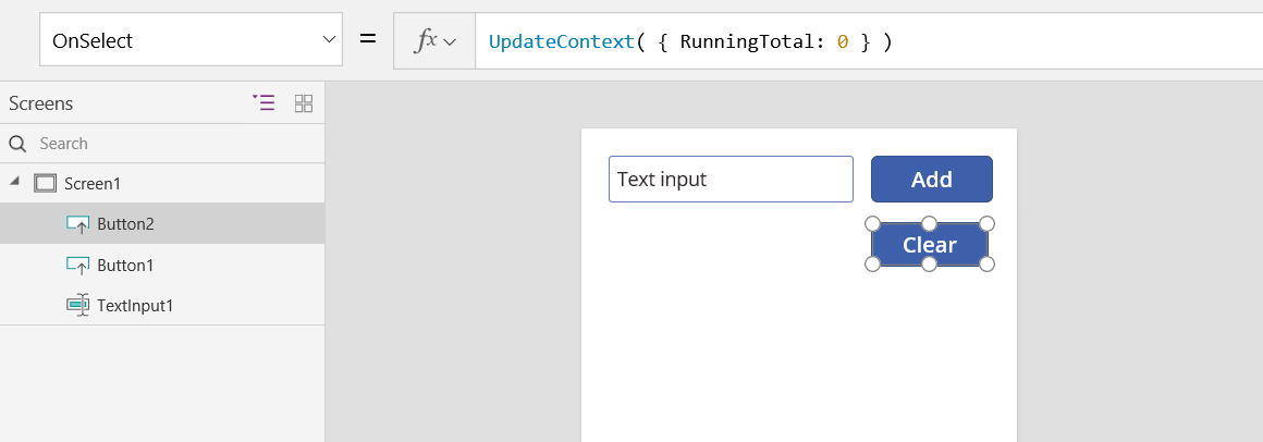 Screenshot della proprietà OnSelect del pulsante Cancella reimpostando la variabile di contesto RunningTotal.