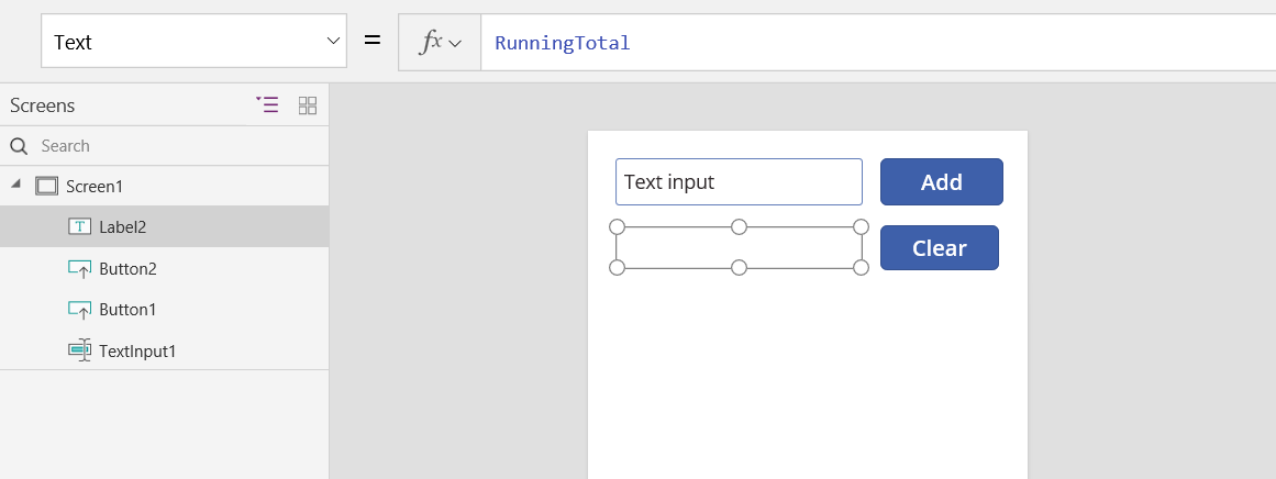 Screenshot di una proprietà Text dell'etichetta che mostra il valore della variabile di contesto RunningTotal.