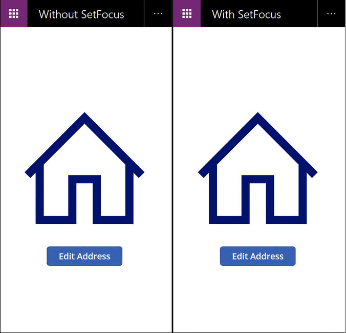 Animazione che mostra un confronto side-by-side dell'uso SetFocus rispetto all'uso quando viene visualizzata una schermata di immissione dei dati.