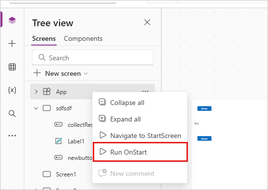 Menu di scelta rapida degli elementi dell'app per Esegui OnStart