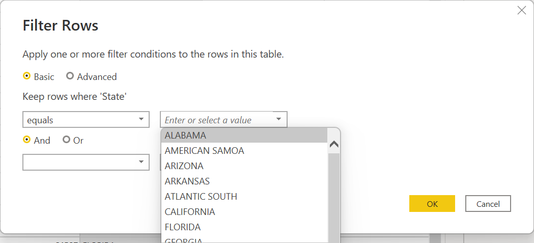 Screenshot della finestra di dialogo Filtra righe in cui si impostano i risultati del filtro usando un parametro .
