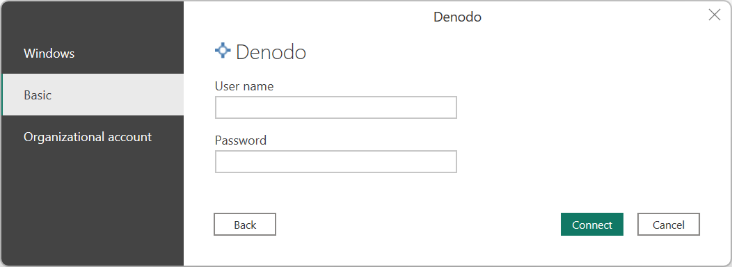 Screenshot dell'autenticazione di base Denodo in Power BI Desktop.