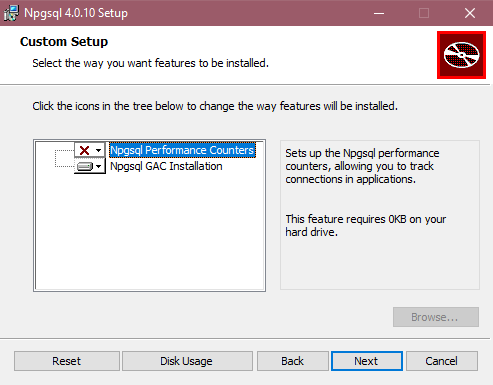 Screenshot del programma di installazione Npgsql con l'installazione GAC selezionata.