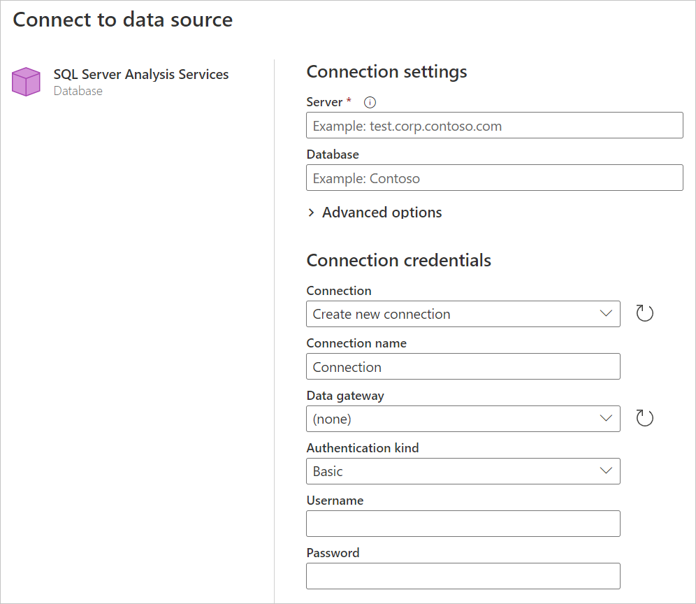 Schermata della procedura guidata di connessione al database di SQL Server Analysis Services in Power Query Online.