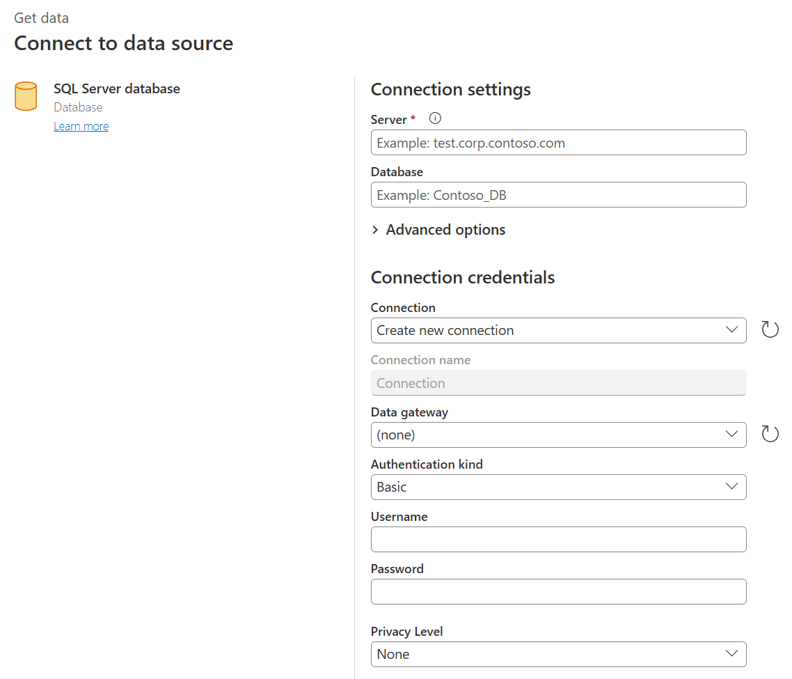 screenshot del generatore di connessioni di database di SQL Server in Power Query Online.