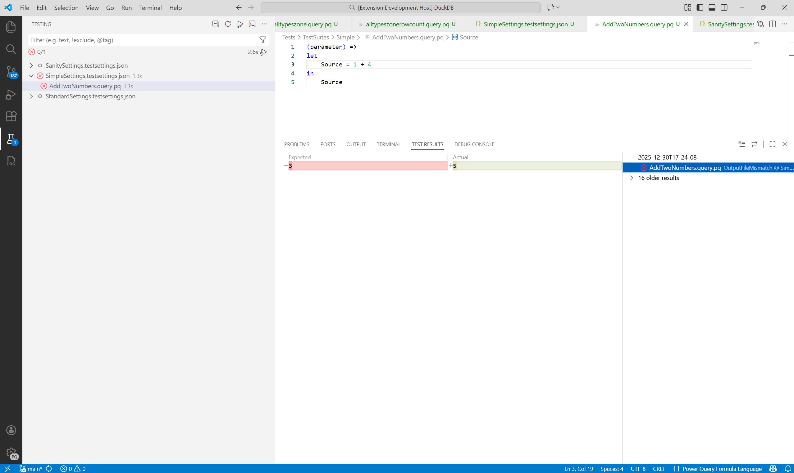 Screenshot della visualizzazione diff in Esplora test che mostra l'output effettivo o previsto per un test non riuscito.
