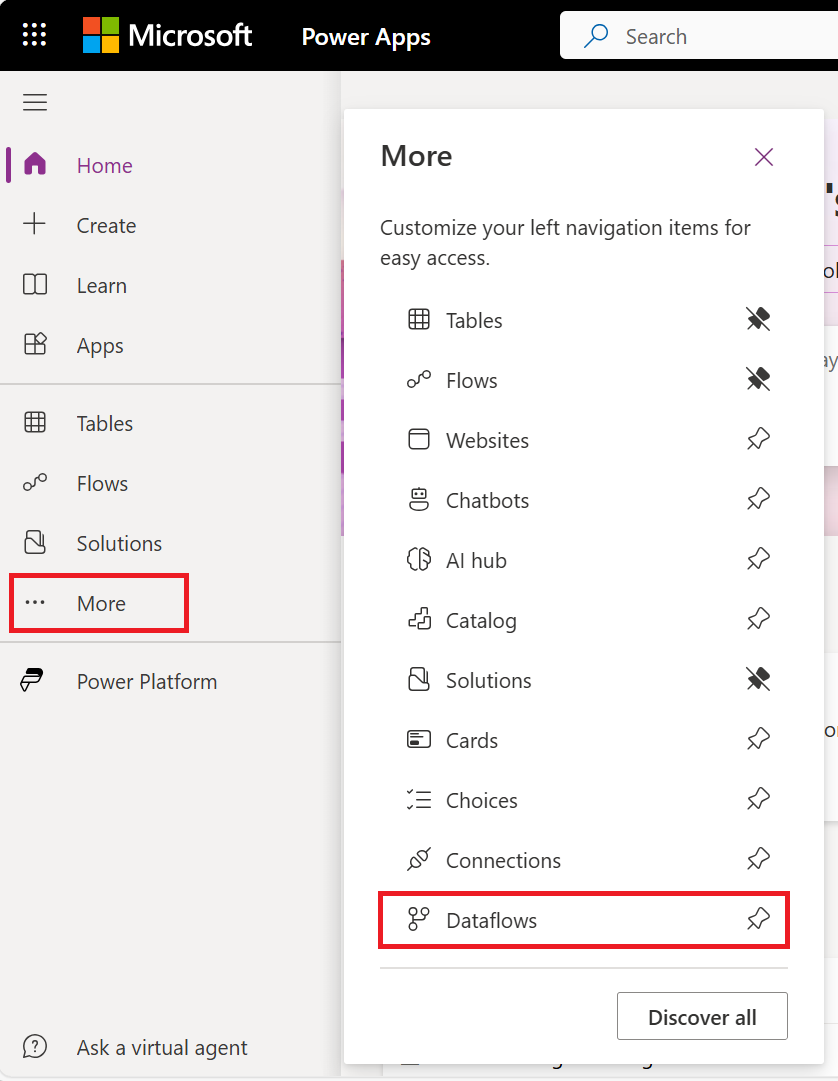 Screenshot dell'interfaccia utente di Power Apps con il pulsante Altro e la selezione del flusso di dati evidenziata.