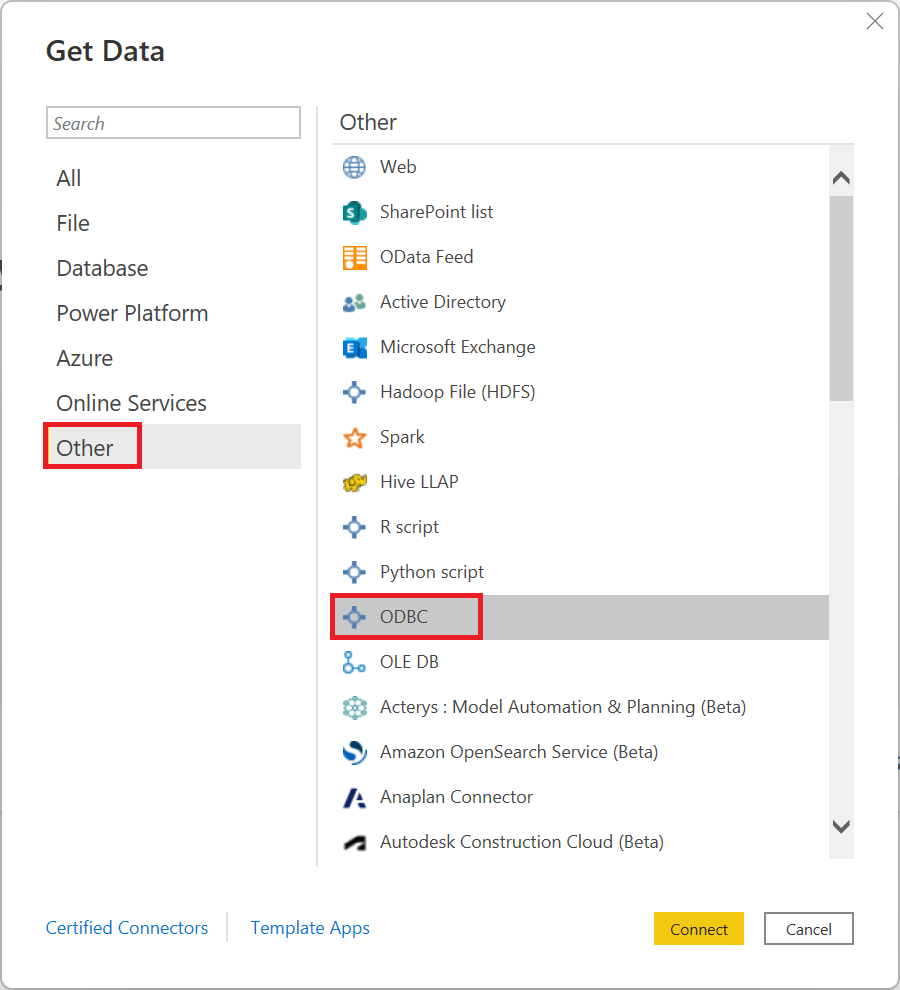 Screenshot della finestra di dialogo Recupera dati di Power Query Desktop che mostra la selezione O D B C.