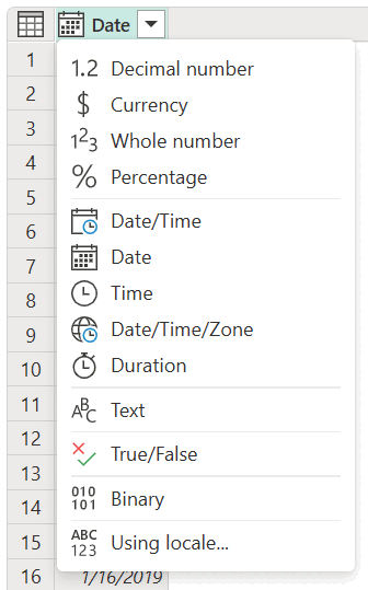 Screenshot del menu dei tipi di dati nell'intestazione di colonna.
