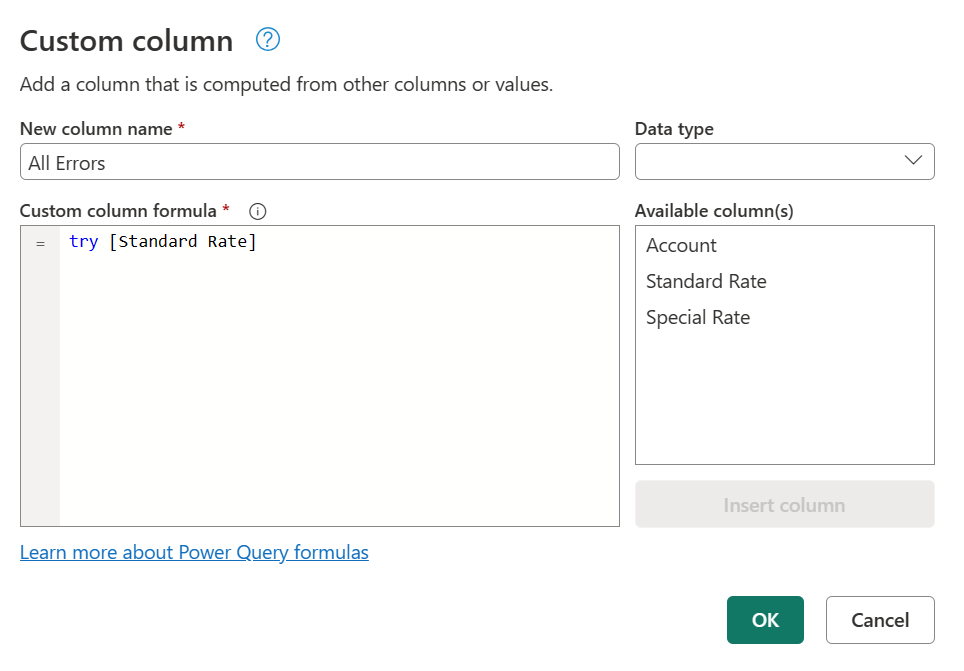 Screenshot con la finestra di dialogo di Colonna personalizzata aperta e una formula di prova immessa nella colonna personalizzata.